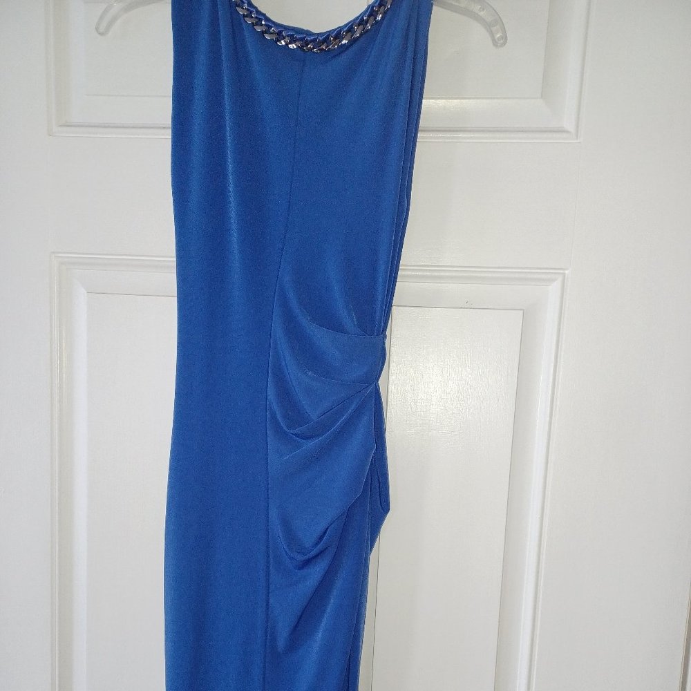 BLUE SILK RUCHED DRESS MIDI WITH FAUX DIAMONDS AROUND NECK.  LONG, STRAIGHT MIDI